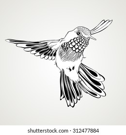 Hand drawn flying humming bird vintage style. Elegant tattoo art. Vector illustration isolated