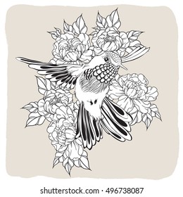 Hand Drawn Flying Humming Bird With Peony Flower. Vector Illustration In Line Art Style. T-shirt Or Tattoo Design