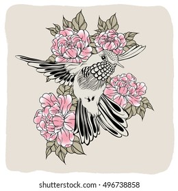 Hand drawn flying humming bird with peony flower. Vector illustration in line art style. T-shirt or tattoo design