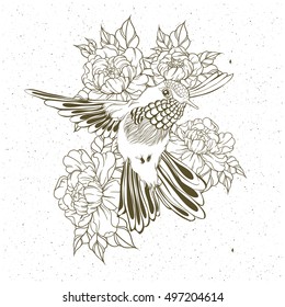 Hand drawn flying humming bird with peony flower. Vector illustration in line art style. T-shirt or tattoo design