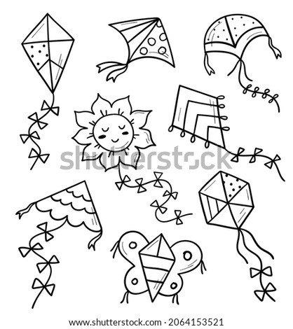 Hand drawn flying kites set. Doodle sketch. Different kite types and shapes. Vector illustration.