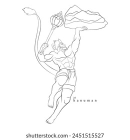 Hand drawn flying Lord Hanuman, Vector line art of Maruti, A beautiful drawing of Hindu God Hanuman