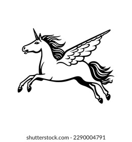 Hand drawn flying magical unicorn mascot logo, vector illustration.