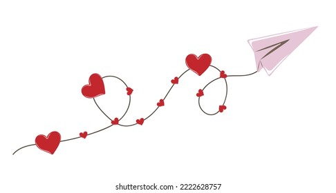 Hand drawn flying paper plane with hearts. Valentines day concept. Design element for cards, posters, banner