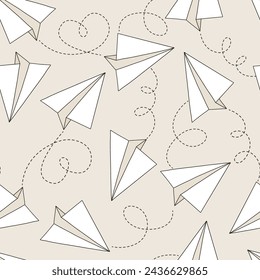 Hand drawn flying paper plane with route in the dotted line shape vector seamless pattern. Linear travel or back to school concept background.