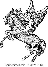 Hand drawn flying pegasus horse with feather wings