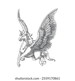 Hand drawn flying pegasus horse with feather wings