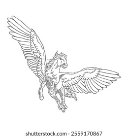 Hand drawn flying pegasus horse with feather wings