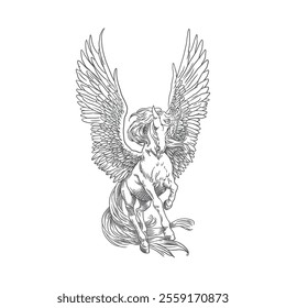 Hand drawn flying pegasus horse with feather wings