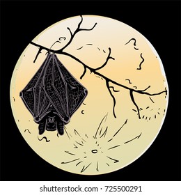 Hand drawn flying vampire bat, with folded wings, hanging on a tree branch against full moon. Colored sketch vector illustration, Halloween object isolated on gradient background.