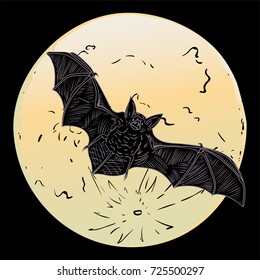 Hand drawn flying vampire bat, with wide spread wings against full moon. Colored sketch vector illustration, Halloween object isolated on gradient background.