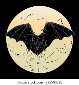 Hand drawn flying vampire bat, with wide spread wings against full moon. Colored sketch vector illustration, Halloween object isolated on gradient background.