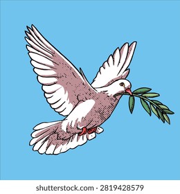 Hand drawn flying white dove bird holding an olive branch symbol of peace