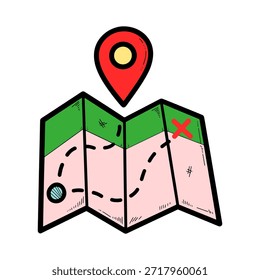 hand drawn folding paper map with destination pin and travel route