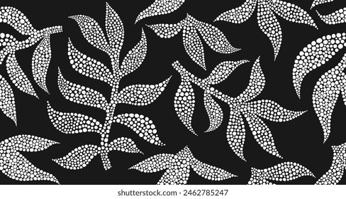 Hand drawn foliage in dotted seamless pattern. abstract floral dot style.