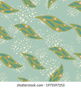 Hand drawn foliage seamless pattern with doodle green leaf elements print. Blue background with splashes. Decorative backdrop for fabric design, textile print, wrapping, cover. Vector illustration.
