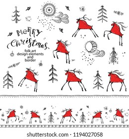 Hand drawn folk art decorative elements for christmas and new year background. Red deer, nature elements, sun, moon, clouds, christmas trees, snowflakes. Horisontal seamless border.