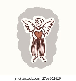 Hand drawn folk art doodle angel icon with love heart illustration. Isolated flat vector genderneutral childish graphic design for bible journal sticker, Christmas greeting card printable motif 