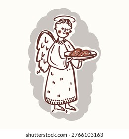 Hand drawn folk art doodle angel icon with christian bread illustration. Isolated flat vector genderneutral childish graphic design for bible journal sticker, communion greeting card printable motif 
