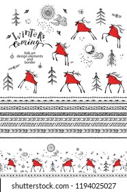 Hand drawn folk art elements for christmas and new year background. Red deer, nature elements, sun, moon, clouds, christmas trees, snowflakes. Horizontal seamless border and ornamental pattern brushes