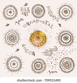 Hand drawn folk art ornamental sun set. Design element for festive background, card, tribal design. Traditional solar symbols, clouds, snowflakes, golden stain.