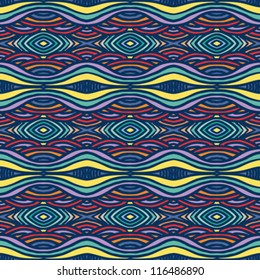 hand drawn folk ethnic ornament, with thick lines and smooth waves, very detailed, in bright colors for spring fashion, seamless fabric texture, vector background in art deco style