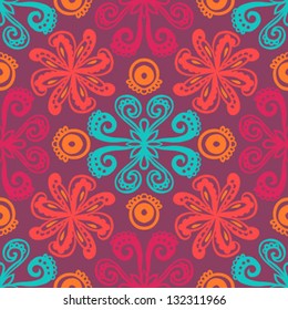 hand drawn folk ethnic ornamented seamless pattern with thick lines and stylized flowers  Texture background for web, print, home decor, textile, wrapping paper, oriental cuisine restaurants ads