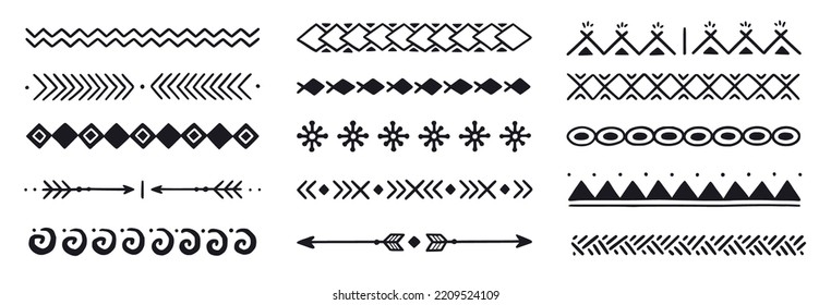 Hand drawn folk motif, ethnic pattern set. Peru, mexican, aztec drawn border pattern. Boho, indian decoration, arrow element. Vector illustration.