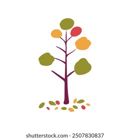 Hand drawn folk tree with autumn leaves in red, yellow, and green. Flat vector illustration. Simple style.