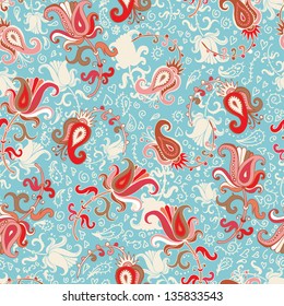 Hand drawn  folkloric floral seamless pattern in fresh tones. Clear endless background