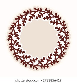 Hand drawn folksy leaf wreath circle illustration motif. Isolated black and white vector design for floral foilage christmas decor frame. Simple modern round stylised graphic blank element 