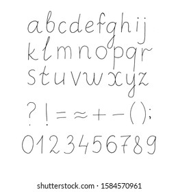 Hand drawn font alphabet, punctuation marks, numerals on white background. Vector illustration.