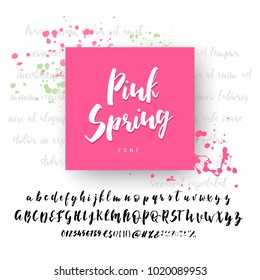 Hand drawn  font alphabet script. Brush ink calligraphy type. Pink spring. Lettering and Custom Typography for designs Logo, Greeting Card, Poster, vector set. Letters isolated  on white