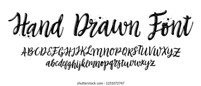 Hand drawn font. Calligraphy decorative ABC alphabet isolated on white background. Hand lettering and custom typography for your designs: logo, poster, card, etc. Texture letters. Vector typeface.
