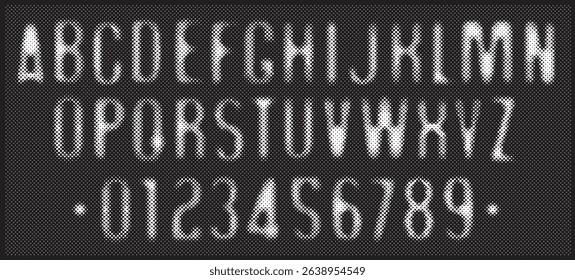 Hand drawn font consisting of dots, points. Simple font with the theme of computer games, digital technologies, pixels. Set of letters and numbers of the Latin alphabet. No AI used