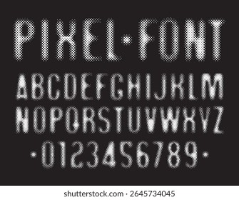 Fonte desenhada à mão consistindo de pontos, pontos. Fonte simples com o tema de jogos de computador, tecnologias digitais, pixels. Conjunto de letras e números do alfabeto latino. Nenhuma IA usada