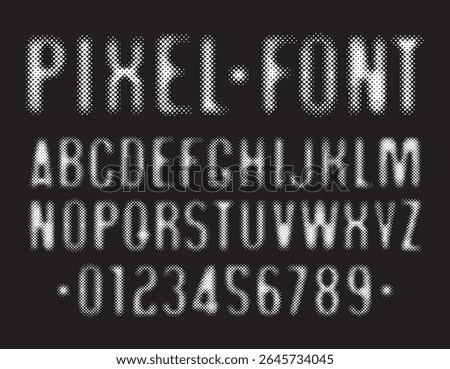 Hand drawn font consisting of dots, points. Simple font with the theme of computer games, digital technologies, pixels. Set of letters and numbers of the Latin alphabet. No AI used