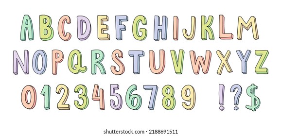 Hand drawn font. Cute doodle font with colorful letters and cartoon numbers. Fun alphabet for kids lettering vector set. Pastel latin abs with punctuation marks as question and exclamation