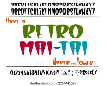 Hand Drawn Font. Cute Retro Tiki Typeface Vector. Upper and lower with all symbols and numbers.