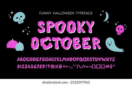 Hand drawn font for Halloween time. Creepy typeface alphabet in vector format. Capital letters, numbers and punctuation symbols.