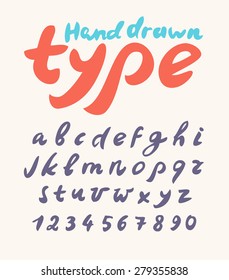 Hand drawn font. Handwritten alphabet letters and numbers. 