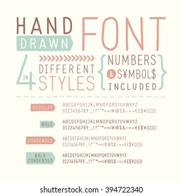 Hand drawn font / handwritten alphabet. Vector illustration.