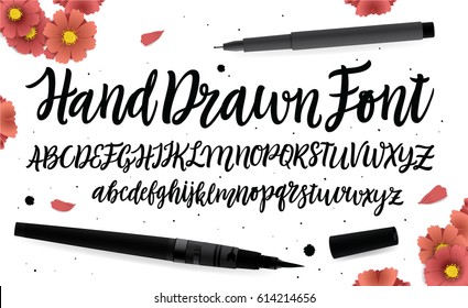 Hand Drawn font. Handwritten brush style modern calligraphy cursive font. Hand Lettering and Typography alphabet for Designs: Logos, Packaging Design, Poster. Typographic set.