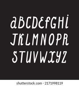 Hand drawn font, letters on a black background. Vector cartoon cheerful round style. For posters and for inscriptions. Children's style.