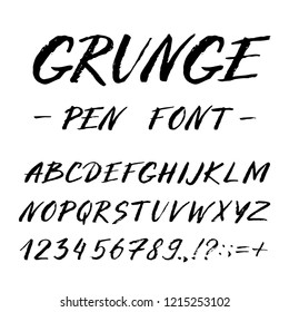 Hand drawn font made by ink brush strokes. Grunge style alphabet for your letters. Handwritten font. Vector illustration. 