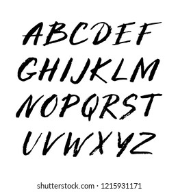 Hand drawn font made by ink brush strokes. Grunge style alphabet for your letters. Handwritten font. Vector illustration. 