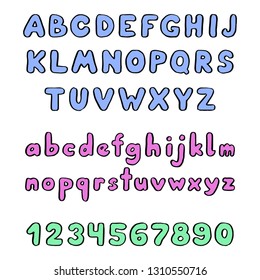 Hand drawn font made by ink brush strokes and trace. Funny doodle style alphabet for your baby, kids letters. Handwritten font. Vector illustration. 