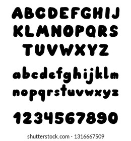 Hand drawn font made by ink brush strokes and trace. Funny doodle style alphabet for your baby, kids letters. Handwritten font. Vector illustration. 