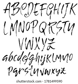 Hand drawn font made by dry brush strokes. Grunge style alphabet. Handwritten font. Vector illustration.