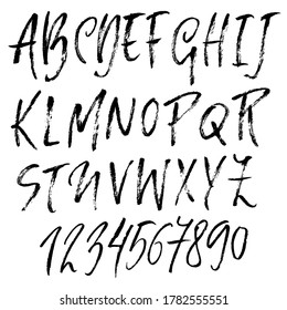 Hand drawn font made by dry brush strokes. Grunge style alphabet. Handwritten font. Vector illustration.